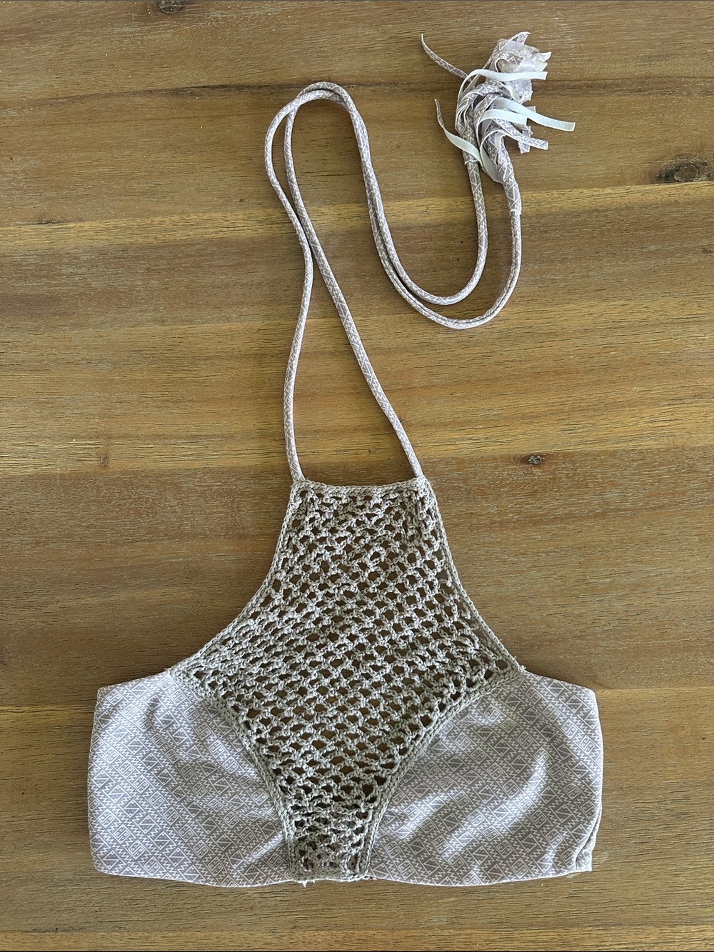 acacia swimwear Crochet Halter Bikini Top in Light Taupe